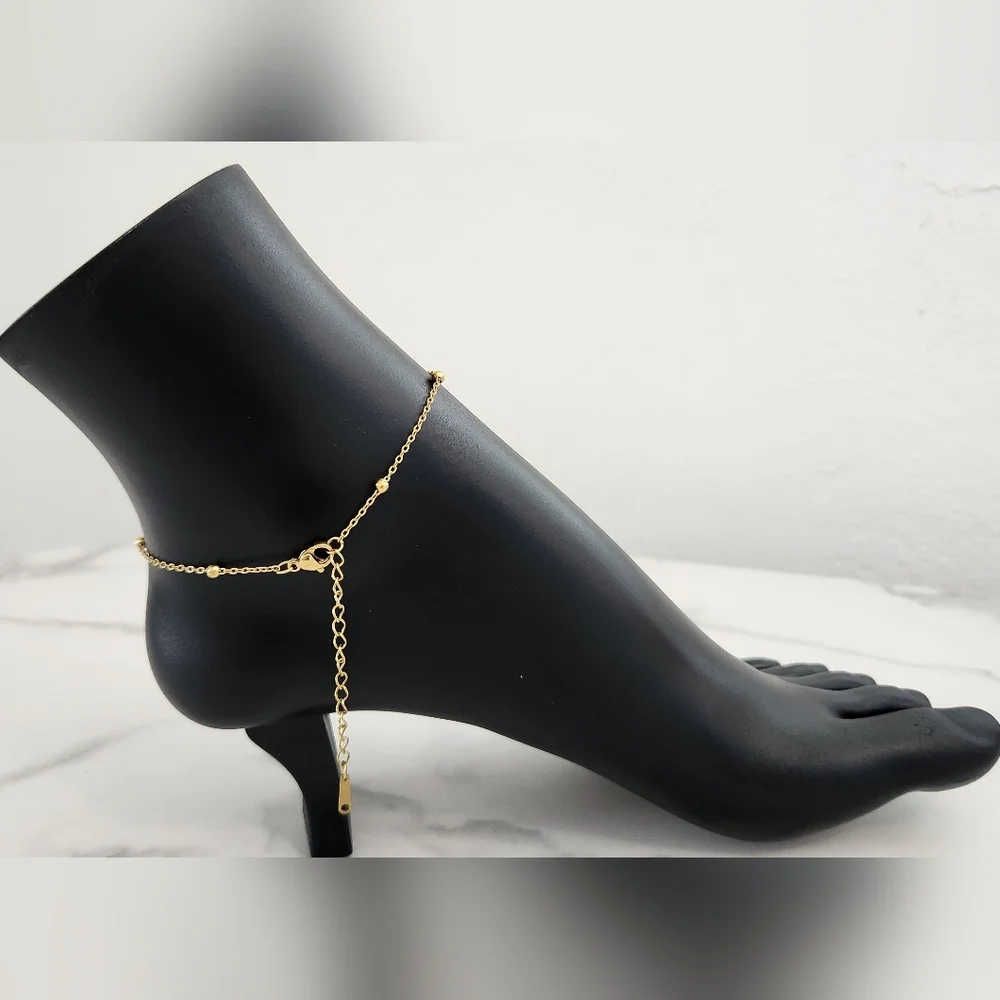 Gold Plated Bow Charm Beaded Chain Adjustable Dainty Anklet
